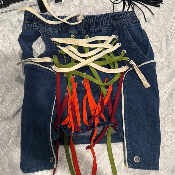 Unique Denim Skirt with Colorful Laces - Picture 1 of 7